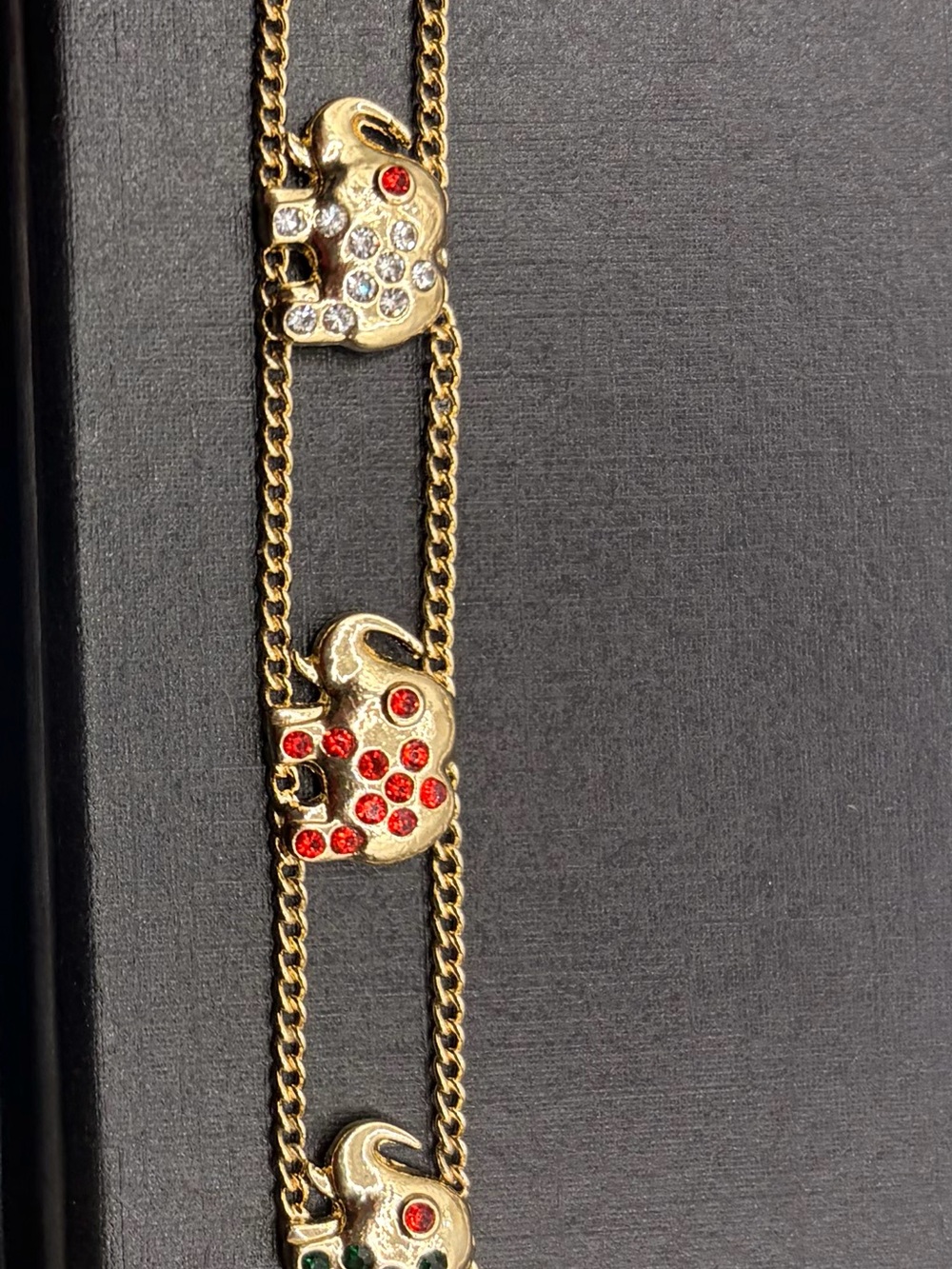 Gold Elephant Charm Bracelet with Red, Clear and Green Crystals